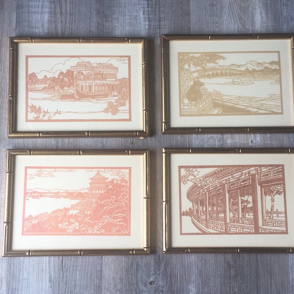 Vintage Japanese Paper-Cut Art. Set of Four Framed - Picture 1 of 9